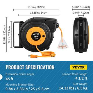 VEVOR Retractable Extension Cord Reel 45 ft. 15 Amp 12AWG3C SJTOW Power Cord w Lighted Outlet 180 Bracket Wall Mount Black SSSJXQMC45FT164EXV1