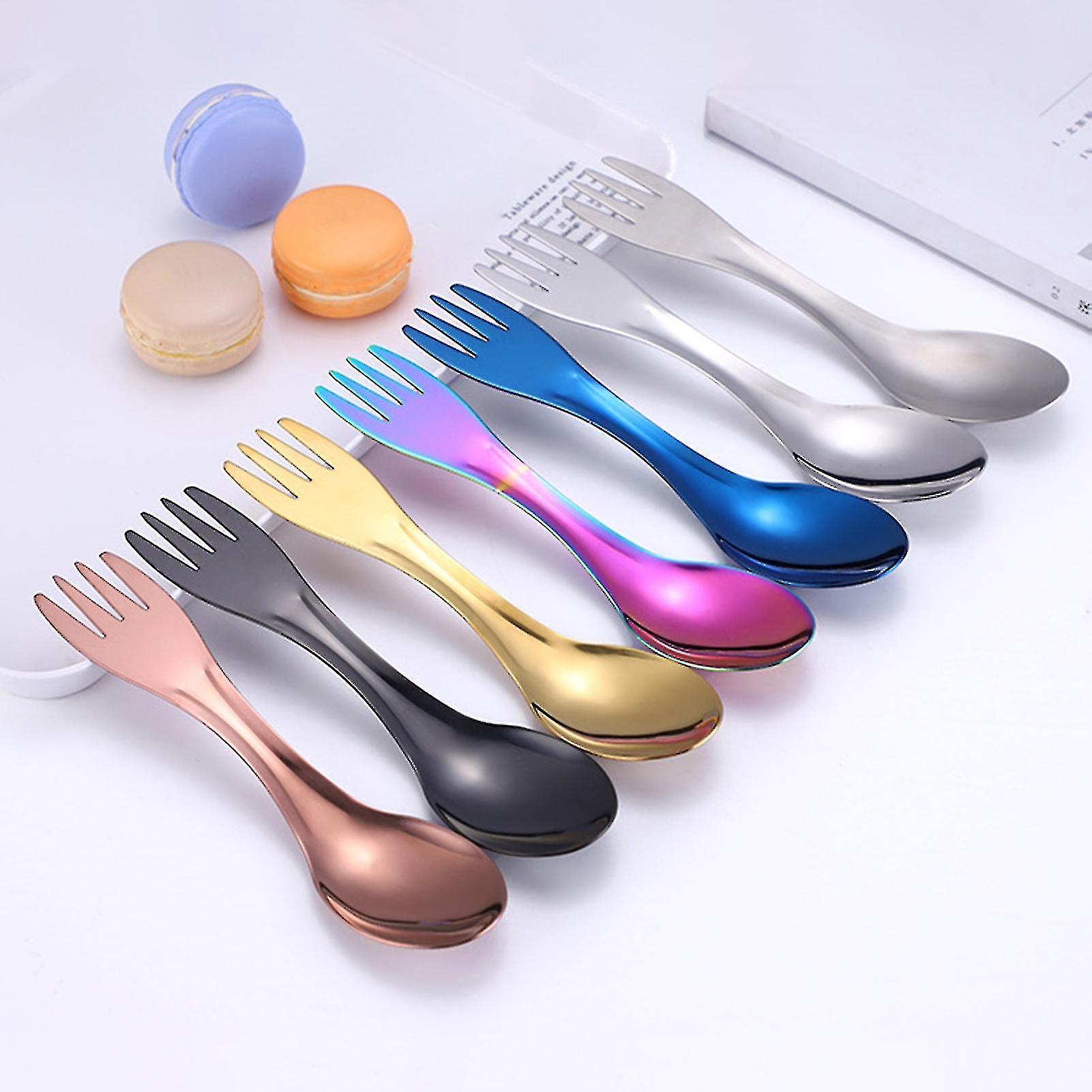 2pcs 2 In 1 Multi-purpose Camping Fork Thicken Comfortable Grip Long Service Life Picnic Spoon For Cooking