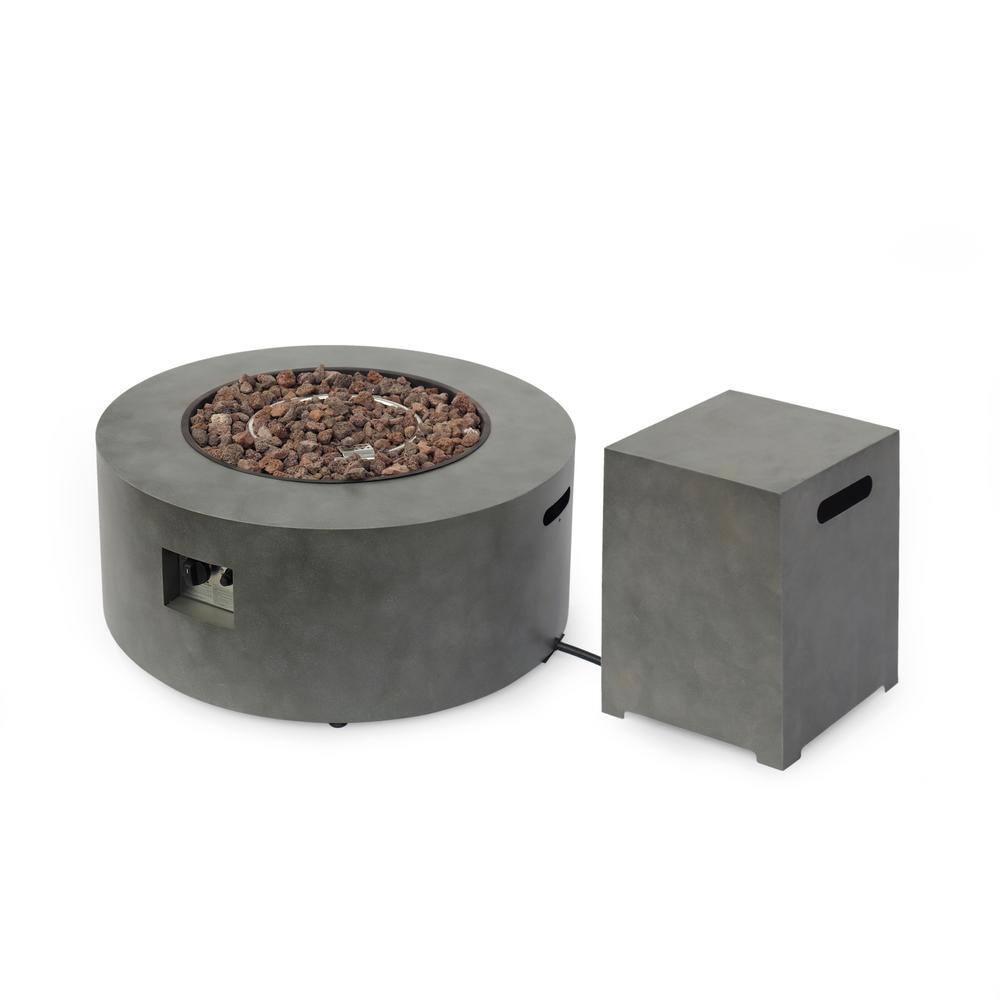 Noble House Wellington 15.25 in. x 19.75 in. Round Concrete Propane Fire Pit in Dark Grey with Tank Holder 70380