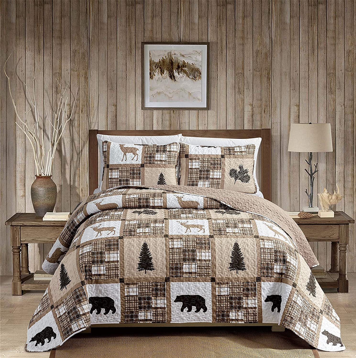 Rustic Modern Farmhouse Cabin Lodge Quilted Bedspread Coverlet Bedding Set with Patchwork of Wildlife Grizzly Bears Deer Buck and Plaid Check Patterns in Taupe Brown - Western-1 (Full/QUEEN)