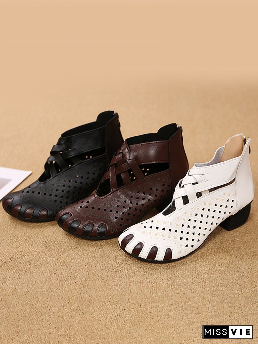 Women Vintage Plain All Season Hollow out Zipper Low Heel Round Toe Rubber Sandals Boots Boots