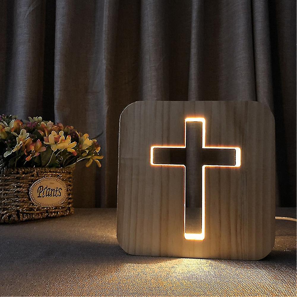 Wooden Hollow Out Cross Bedside Lamp Craft Table Lamp Led Night Light Decor