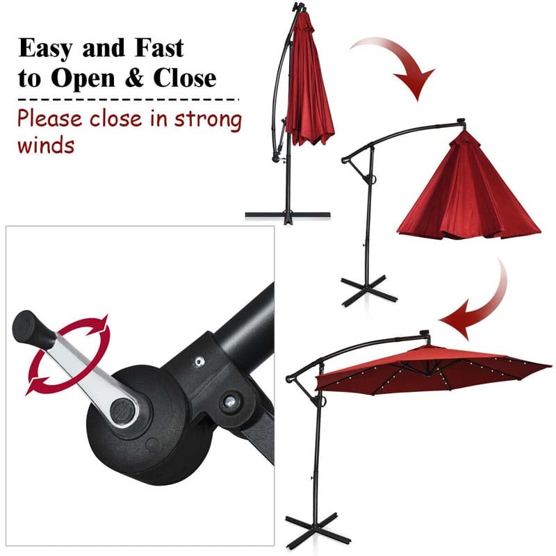 10 FT Patio Offset Umbrella with Solar Lights 360° Rotation Outdoor Market Umbrella with Crank Handle & Cross Base