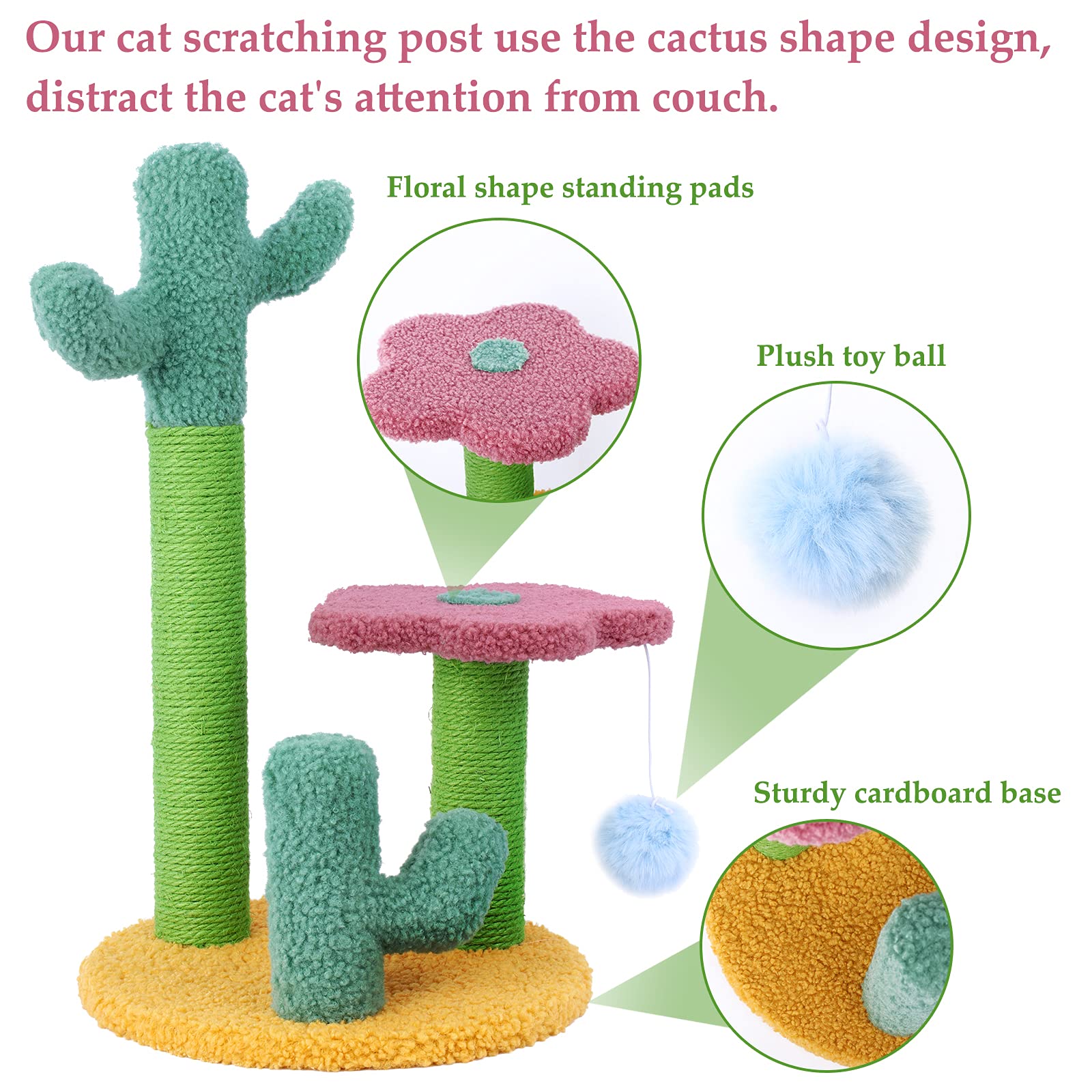 Cat Scratching Post， Sisal Cat Scratching Post with 3 Different Height Poles and Hanging Ball Cat Interactive Toy for Tiny Kitten Cats Indoor Climbing Playing， Gift for Kitten