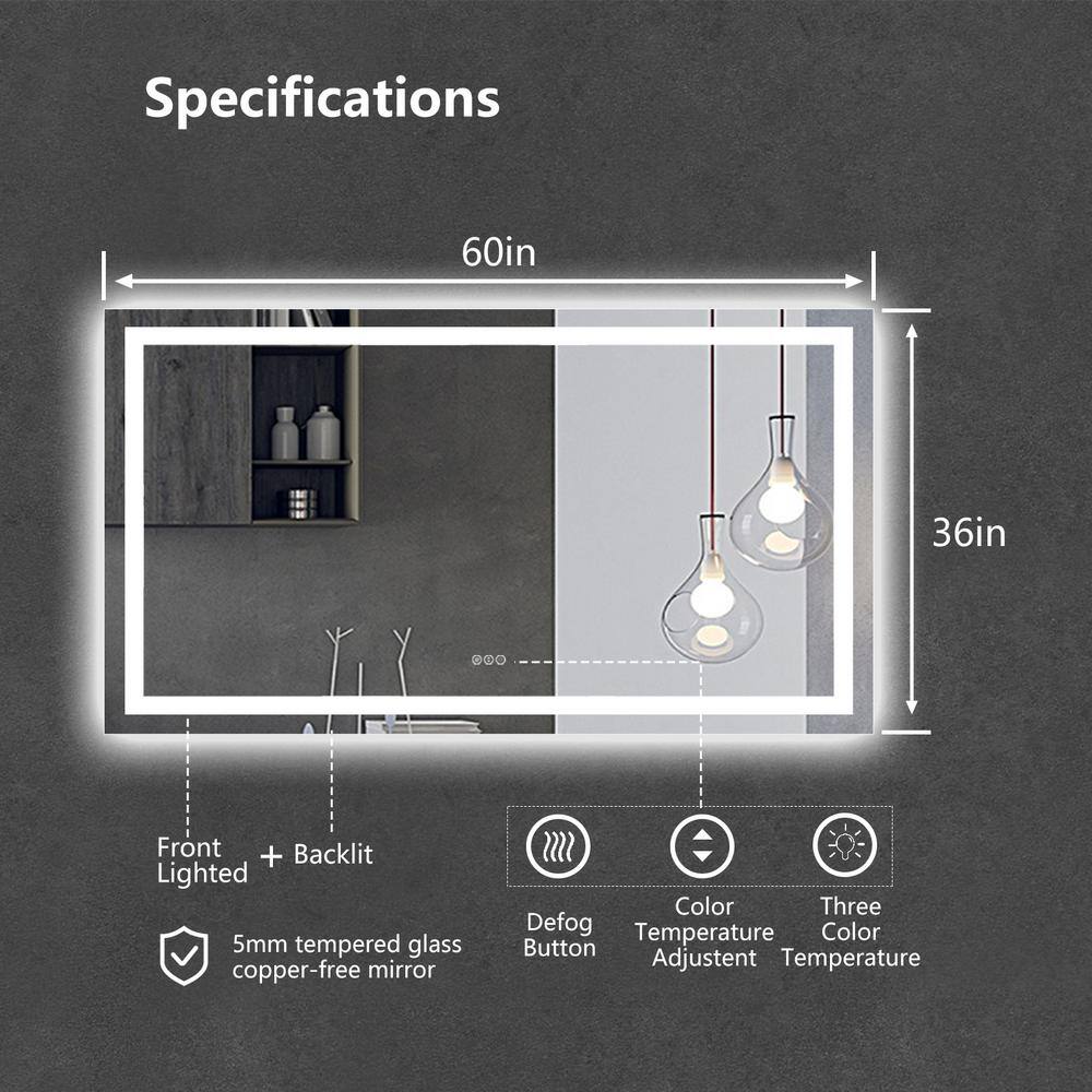 ES-DIY 60 in. W x 36 in. H Large Frameless Rectangular Anti-Fog Wall Bathroom Vanity Mirror in Silver HO11LDBM6036FY