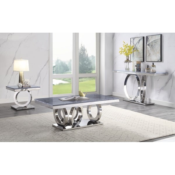 ACME Zasir Coffee Table in Gray Printed Faux Marble and Mirrored Silver Finish