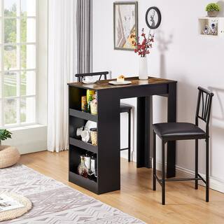 VECELO Small Bar Table and Chairs Dining Set for 2 Storage Shelves Space-Saving Retro Dinning Set KHD-DTS02-BRN