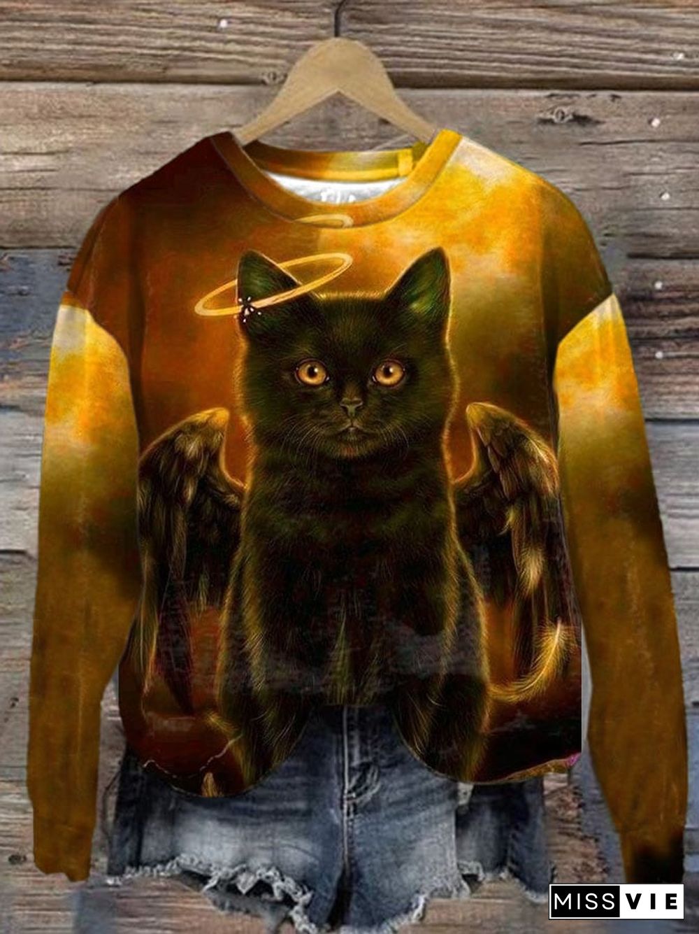 Women'S Casual Cut Cat Printed Long Sleeve Sweatshirt