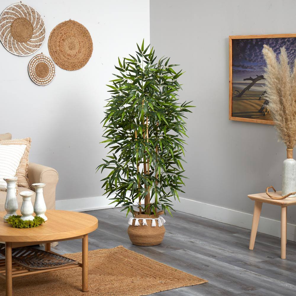 Nearly Natural 64 in. Bamboo Artificial Tree with Natural Bamboo Trunks in Boho Chic Handmade Natural Cotton Woven Planter with Tassels T2887