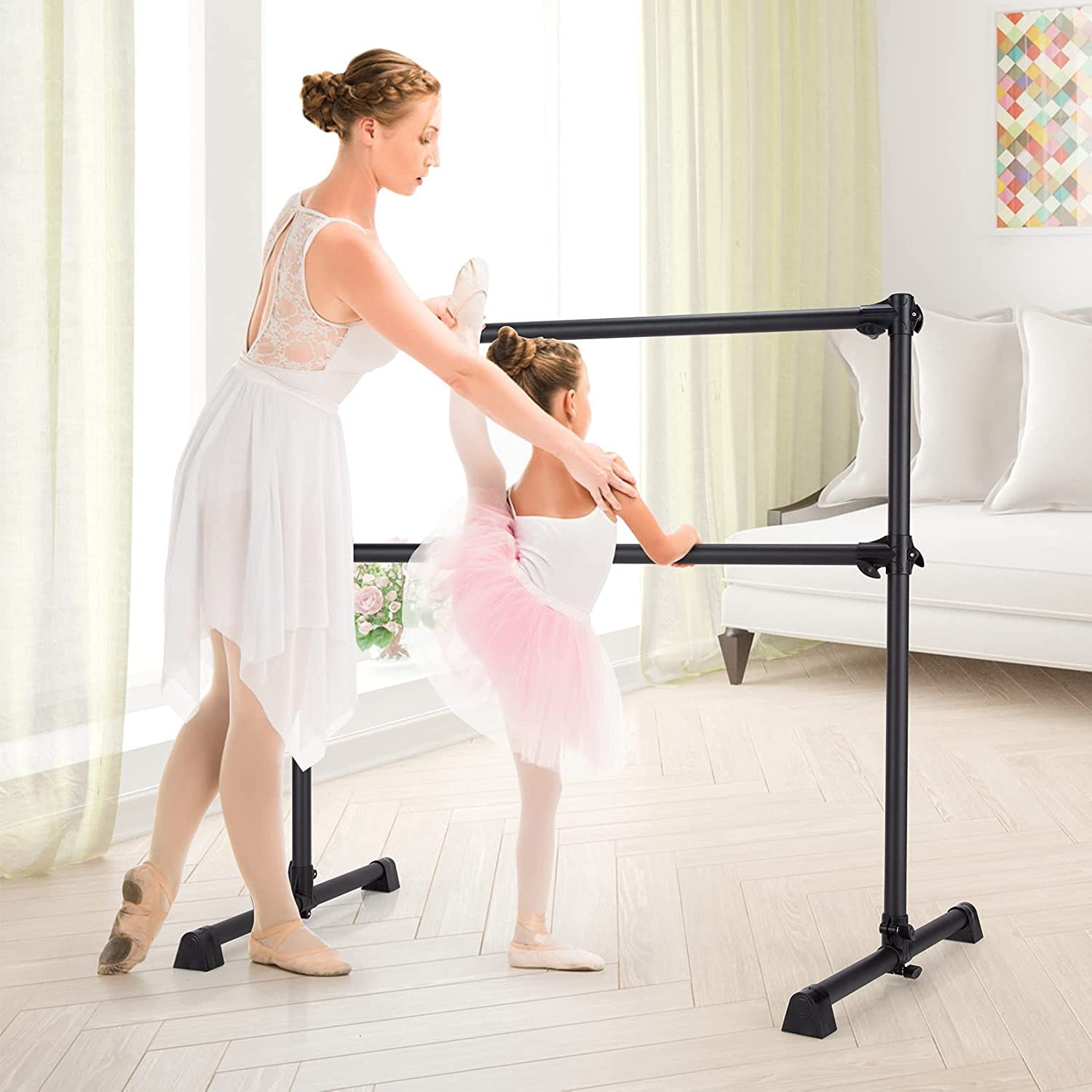 Costzon Portable Ballet Barre, 4FT Adjustable Double Freestanding Ballet Bar w/Anti-Skid Pad, Stable Base