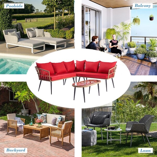 4-Piece Patio Furniture Set， Outdoor Wicker L-Shaped Sectional Set - 44.8”Wx44.8“Lx28.8”H - Overstock - 37567217