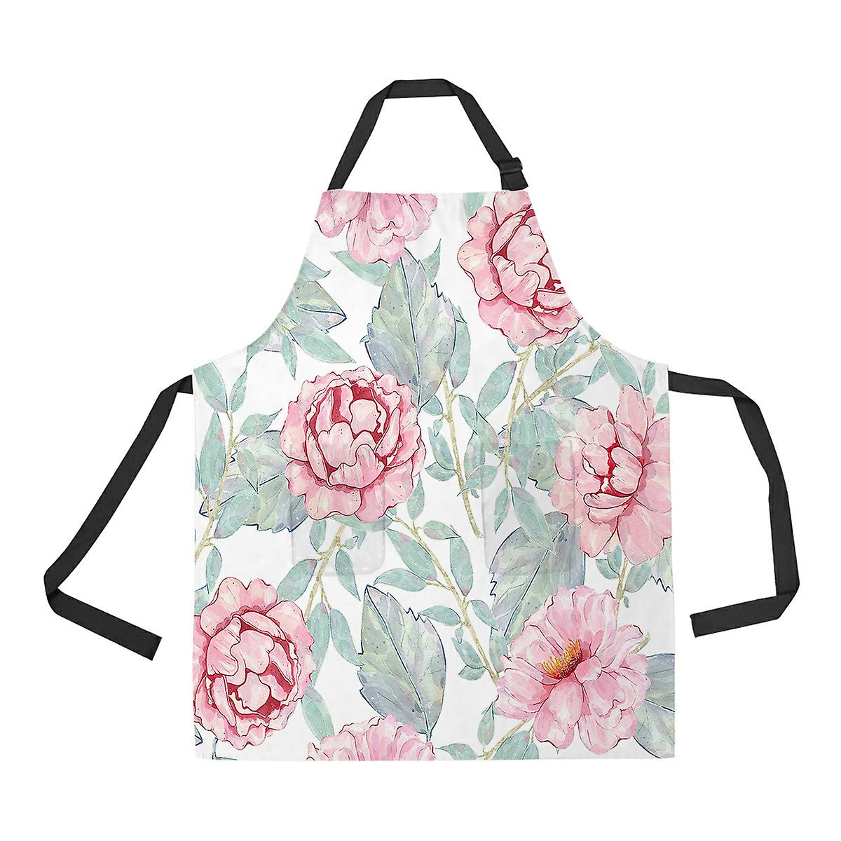 Flower Pink Peony Leaves Floral Apron Home Kitchen Apron With Pockets