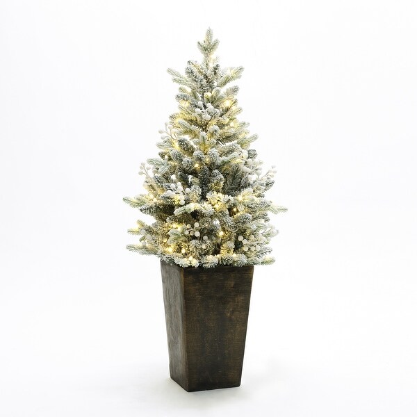 4Ft PreLit Snow Flocked Artificial Christmas Tree in Tall Fiber Stone Pot