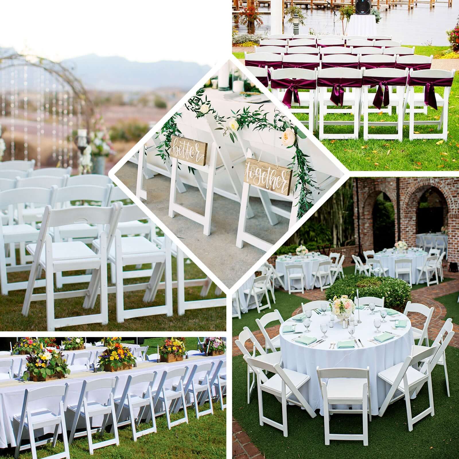 White Resin Folding Chair With Vinyl Padded Seat For Weddings, Indoor or Outdoor Events