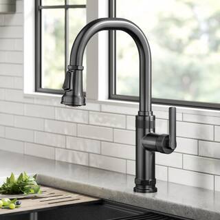 KRAUS Allyn Industrial Pull-Down Single Handle Kitchen Faucet in Spot-Free Black Stainless Steel KPF-4102SFSB