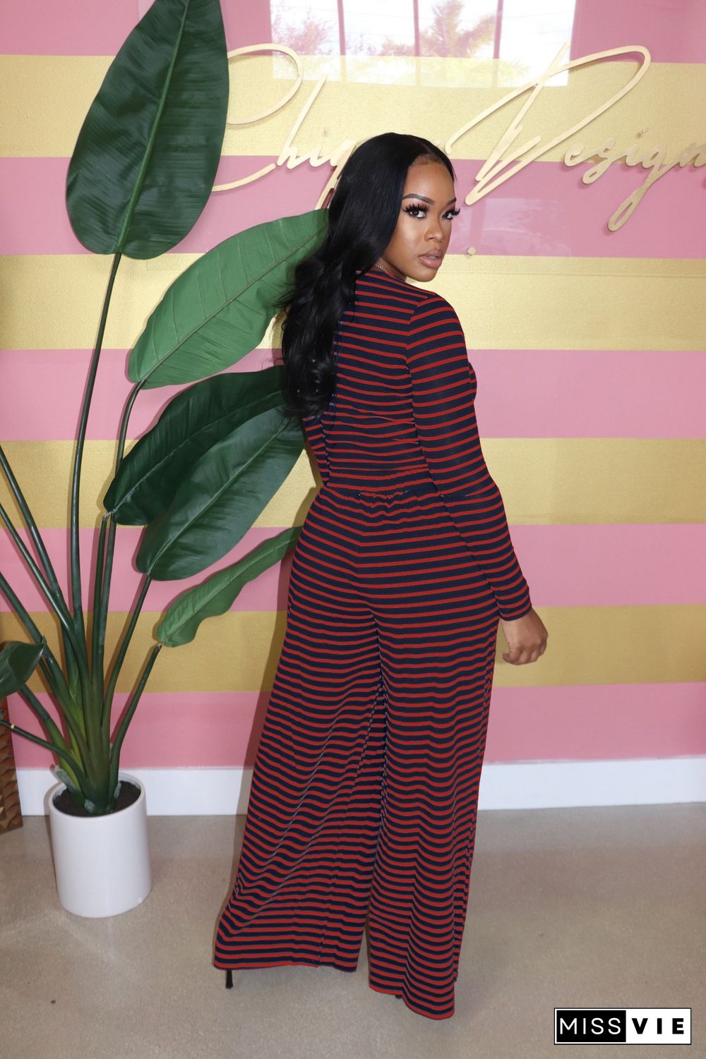 Striped Long Sleeve T Shirts Wide Leg Pants Outfits