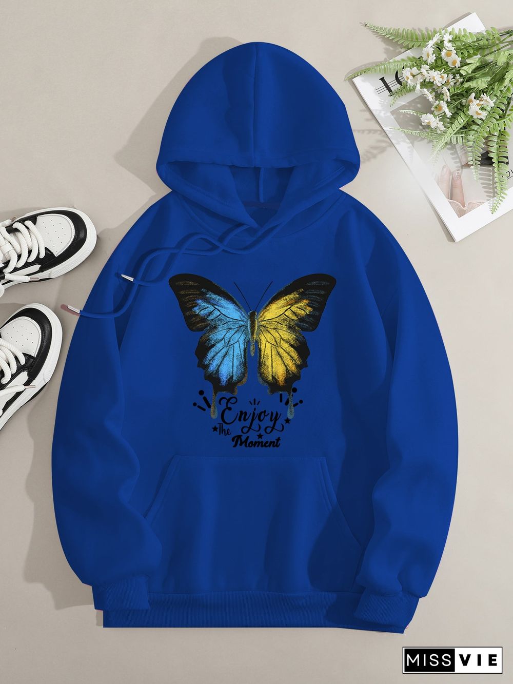 Printed on front Kangaroo Pocket Hoodie Long Sleeve for Women Pattern Butterfly Enjoy the Moment