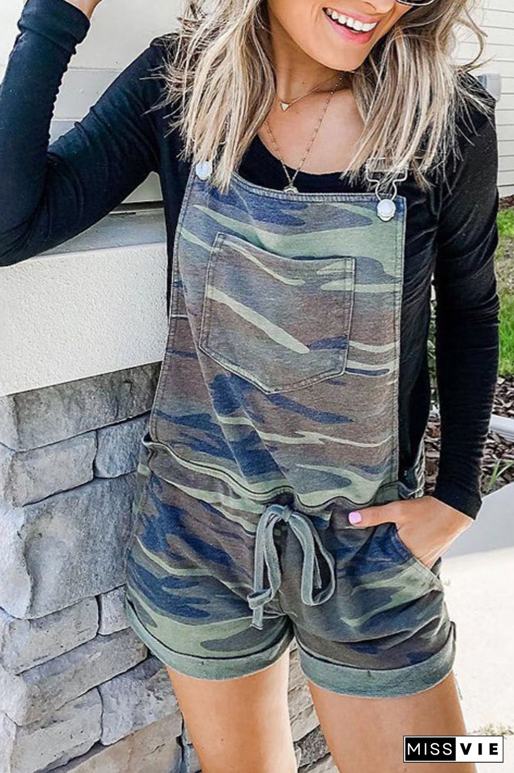 Camouflage Pocket Drawstring Waist Romper