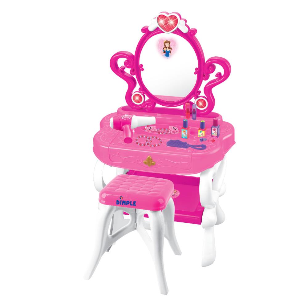 Dimple 2-in-1 Princess Pretend Play Vanity Set Table with Working Piano Beauty Set for Girls with Toy Makeup Cosmetics Accessories， Hair Dryer， Keyboard， Flashing Lights and more