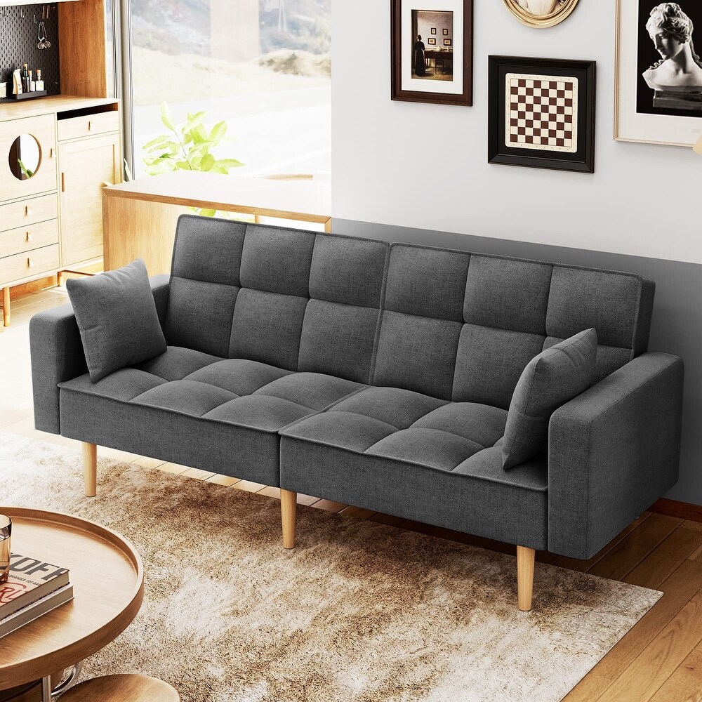 Linen Couches Upholstered Futon Sofa Bed with Thicken Wood Legs