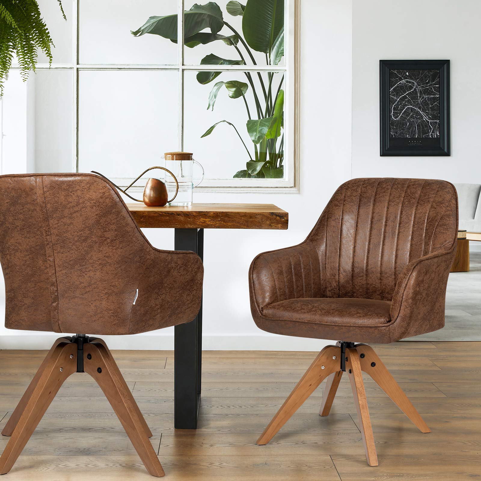 Modern Dining Armchair, No Wheels but Swivel, Solid Wood Legs, Thick Felt Foot Pads