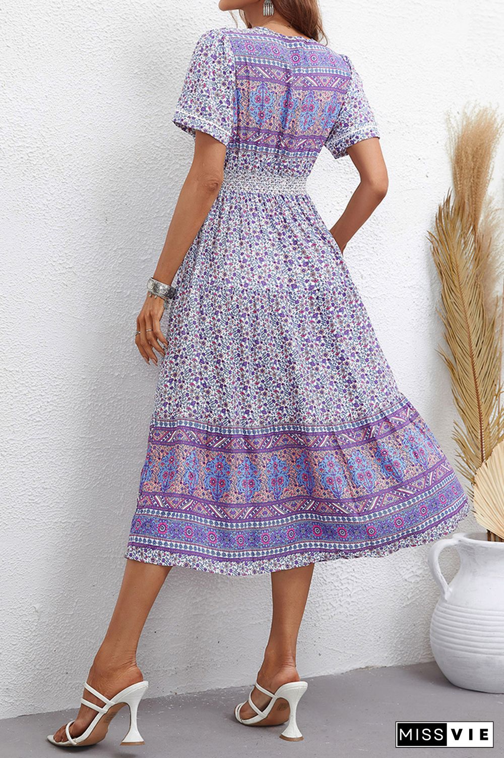 Bohemia Style Vintage Floral Print Midi Dress