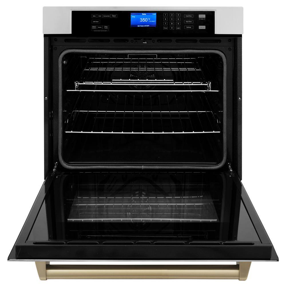 ZLINE Kitchen and Bath Autograph Edition 30 in. Single Electric Wall Oven with True Convection and Champagne Bronze Handle in Stainless Steel AWSZ-30-CB