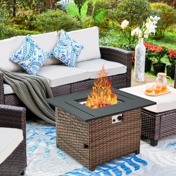 9Seat Patio Furniture Wicker Rattan Outdoor Highback Sectional Sofa Conversation Set with Firepit Table