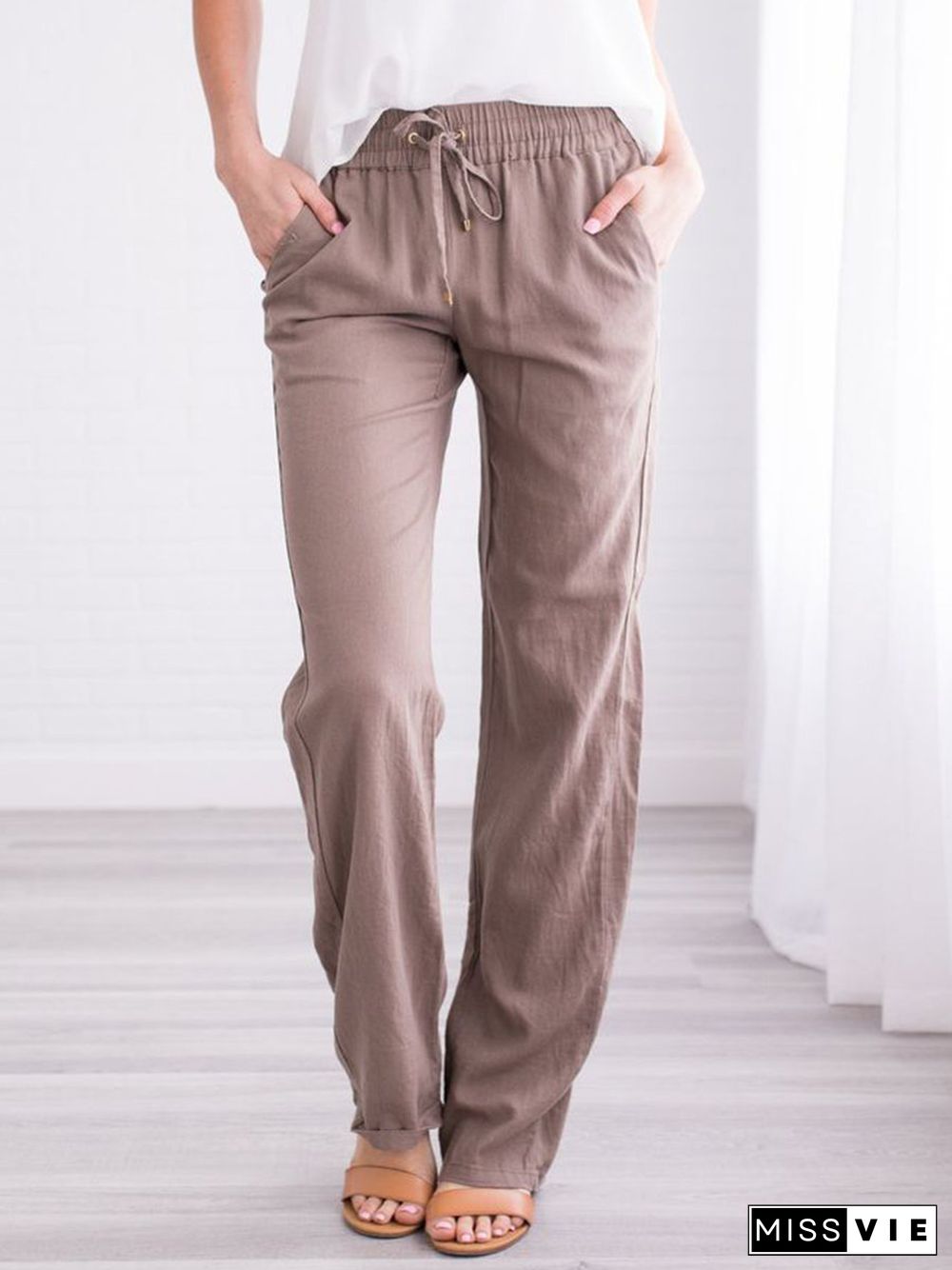 Solid Color Loose Drawcord Casual Wide Leg Pants