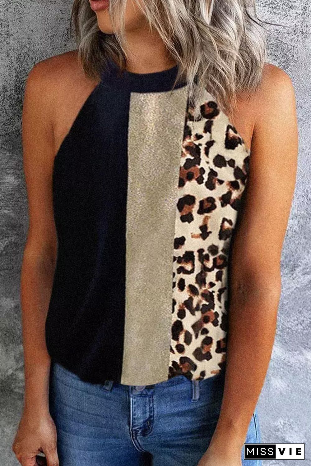 Black Leopard Color Block Casual Tank Top