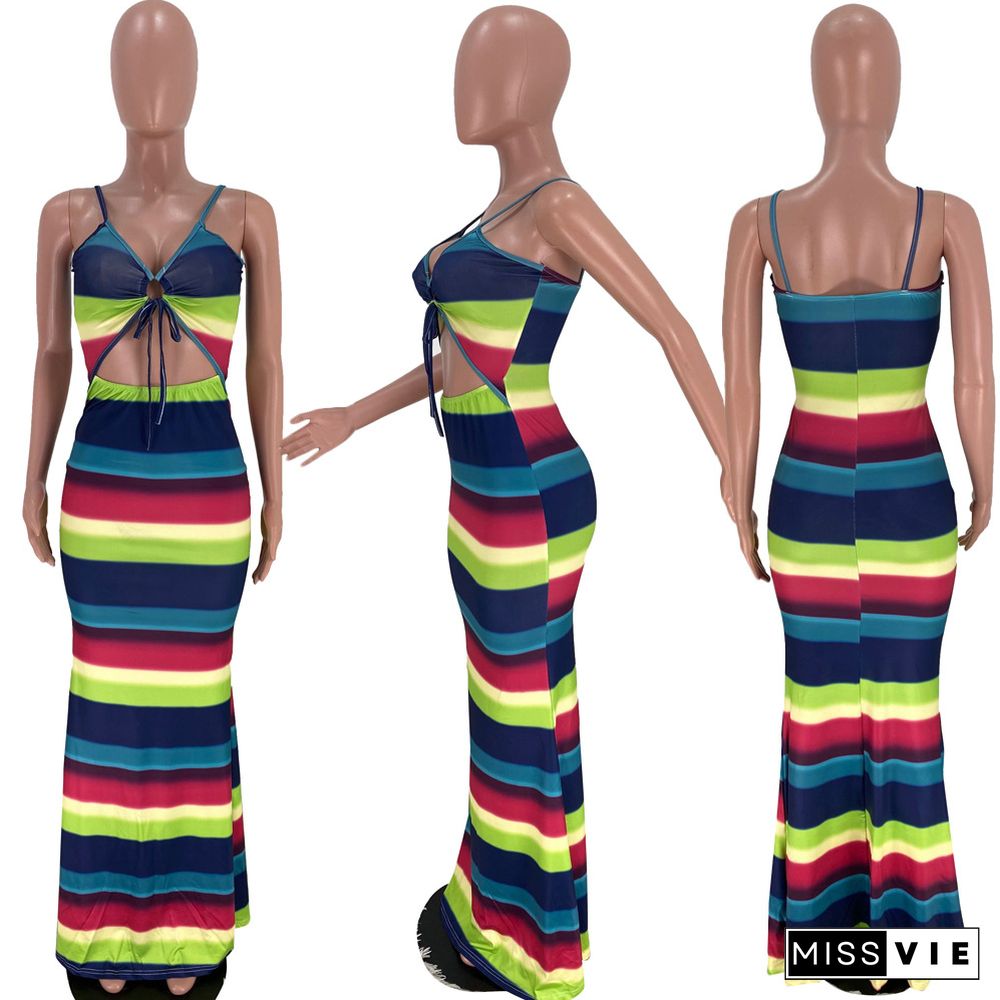 Fashion Beach Style Women's Clothing Deep V Stripes Gradient Print Sleeveless Hollow Out Maxi Dress