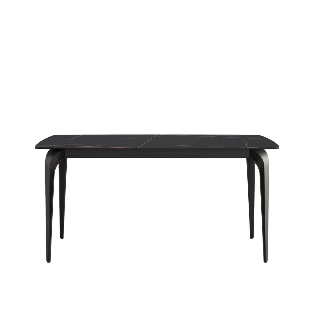 63 Inch Black Artificial Stone and Metal Leg Dining Table for 6 People