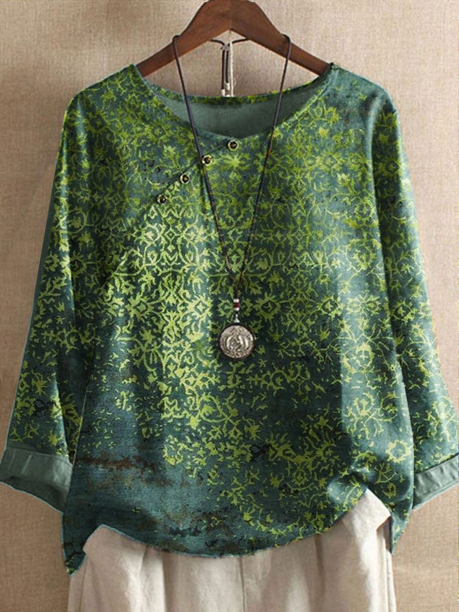 Round Neck Casual Loose Vintage Print Long Sleeve Blouse