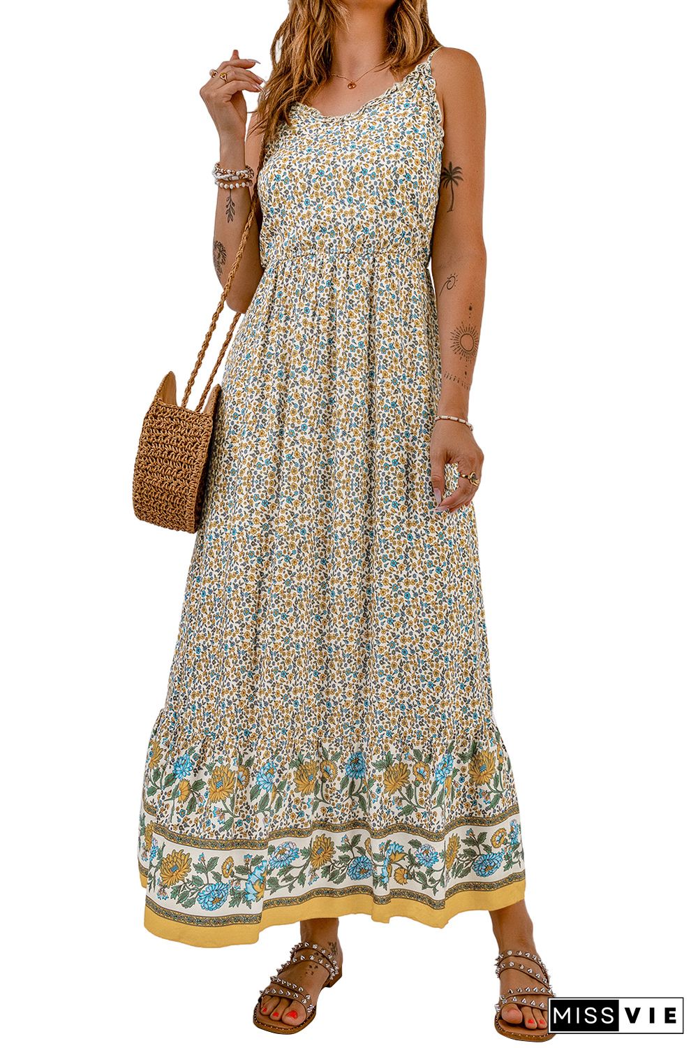 Apricot Floral Print Smocked Back Sleeveless Maxi Dress