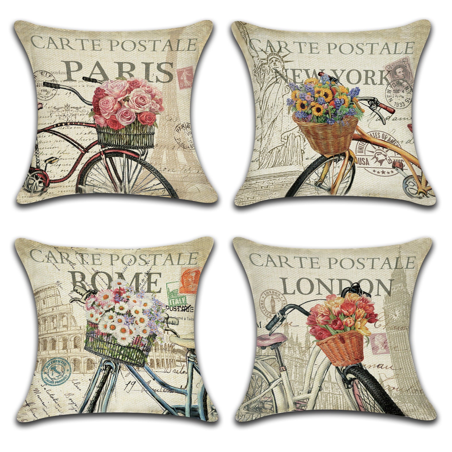 L1 Country Series Floral Flowers Bike Throw Pillow Covers 18x18 Inches, Pack of 4, Farmhouse New York, Rome, Paris, London Pillow Cases, Indoor Outdoor Decor for Patio,Couch,Bed