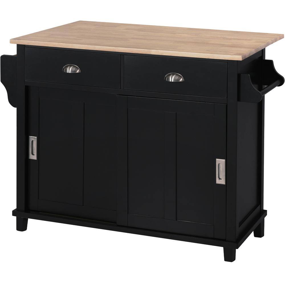 Black Wood 52.2 in. Kitchen Island with Storage Cabinet and 2-Drawers LN20232838