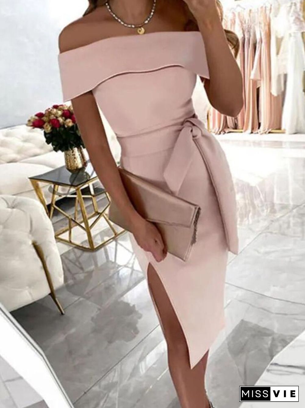 Mature Elegant Office Commuter A-line Dress Casual Slit Bridesmaid Dress Chic Party One Shoulder Wrap Women Clothing Dress