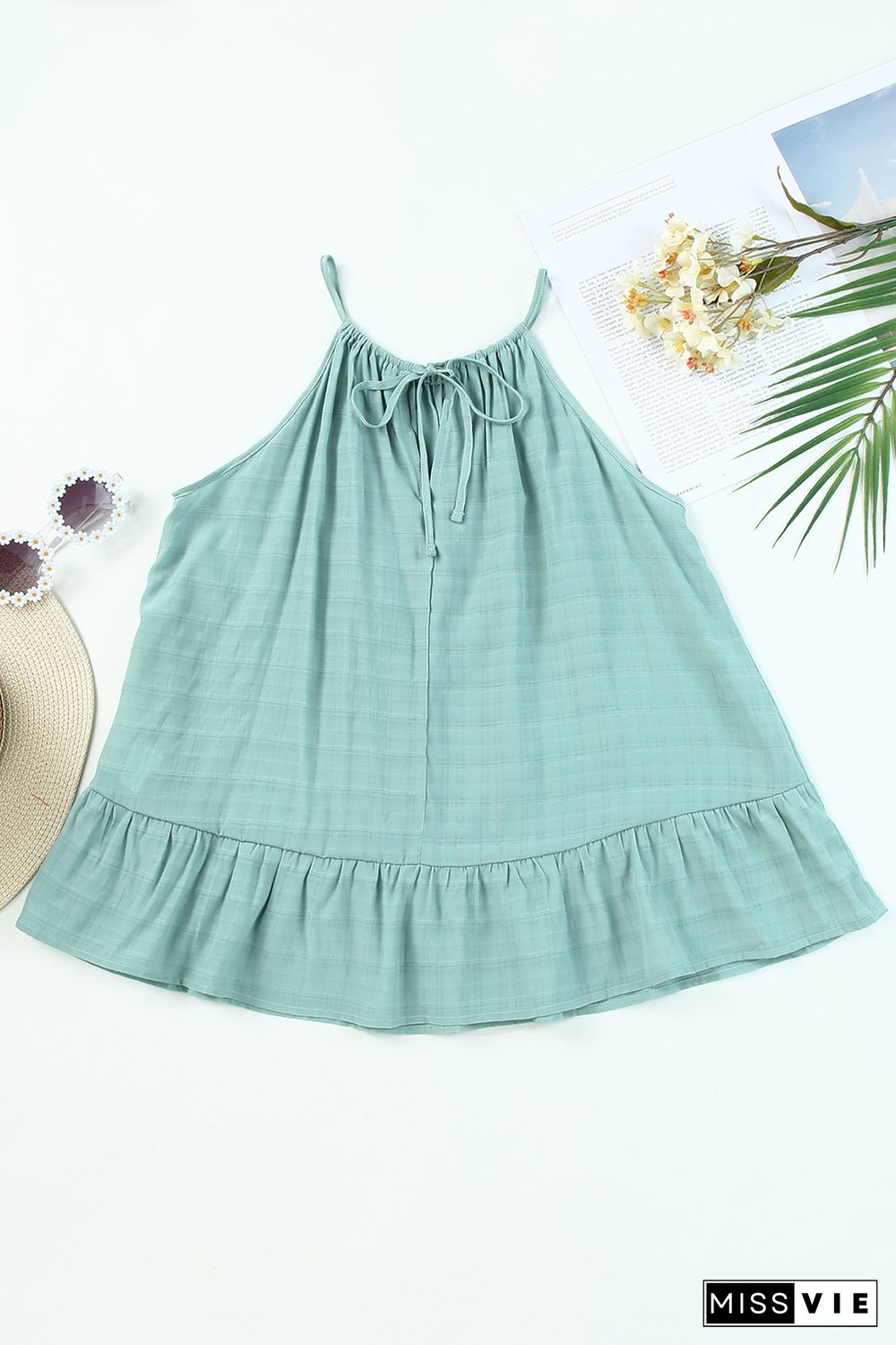 Green Lightweight Ruffle Hem Halter Tank Top