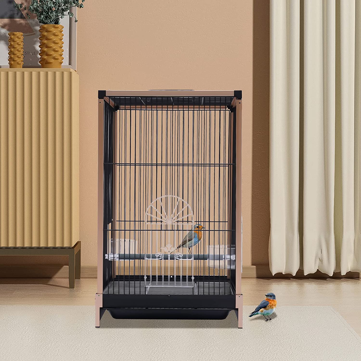 Miumaeov Flat Top Bird Travel Cage， Black， Gold Parrot Carrier Cage With Feeding Cup (aluminum Alloy Frame)， Carrier Travel Cage For Mid-sized Or Small Birds， 13.2*12.4*21inch