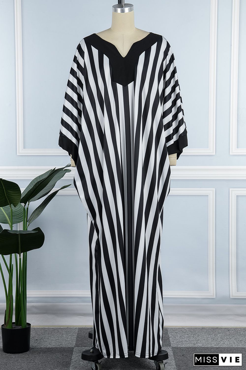 Black White Casual Work Street Striped Patchwork V Neck Straight Dresses