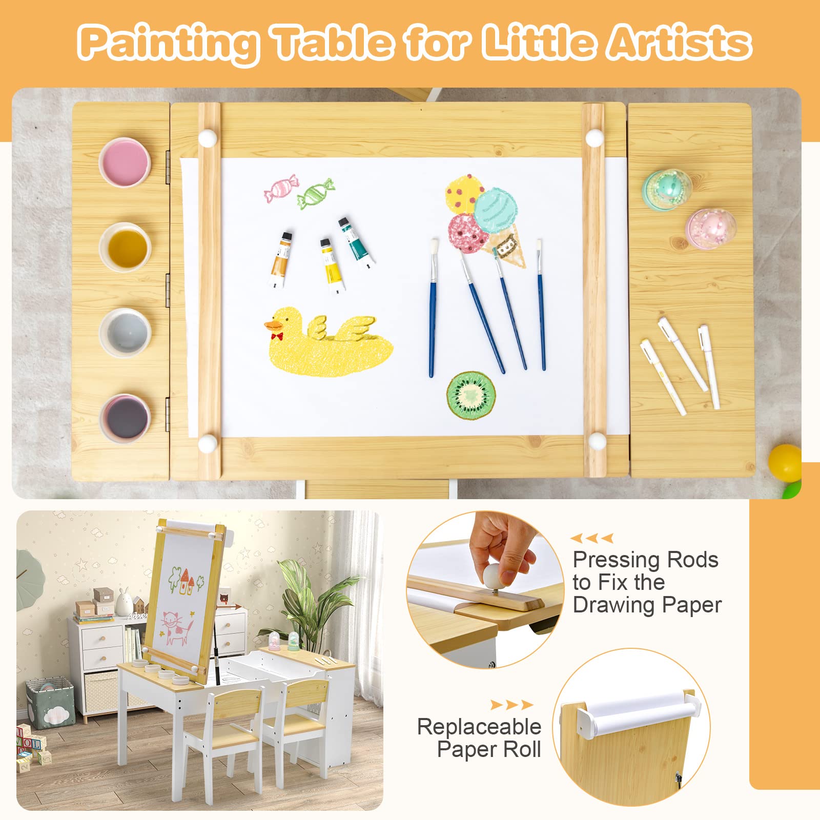 Costzon 2 in 1 Kids Table and Chair Set, Wood Art Table & Easel Set with 2 Chairs, 6 Storage Bins, Paper Rolle (Natural)