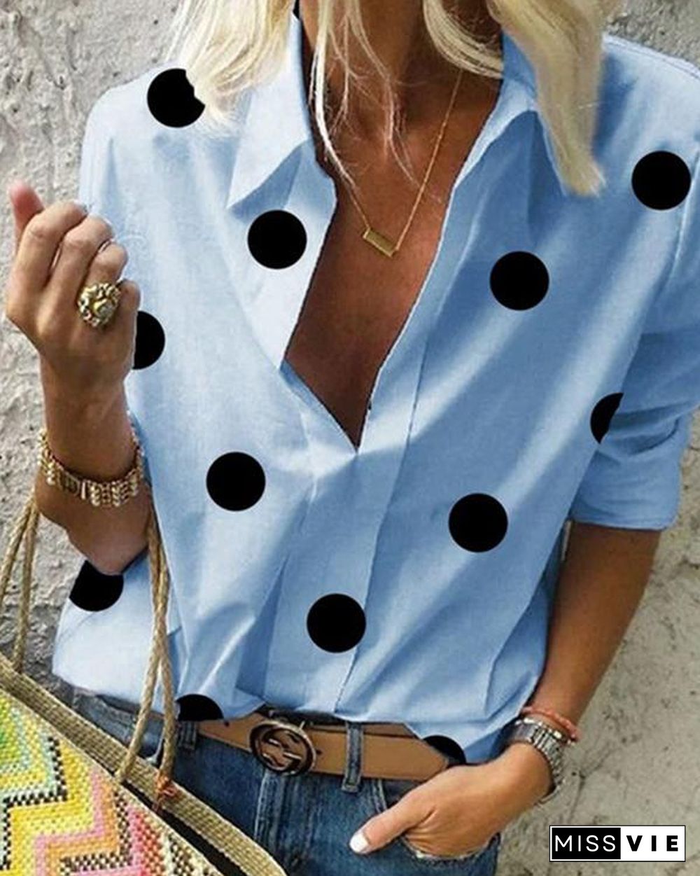 Polka Dot A Lapel Long Sleeve Blouse