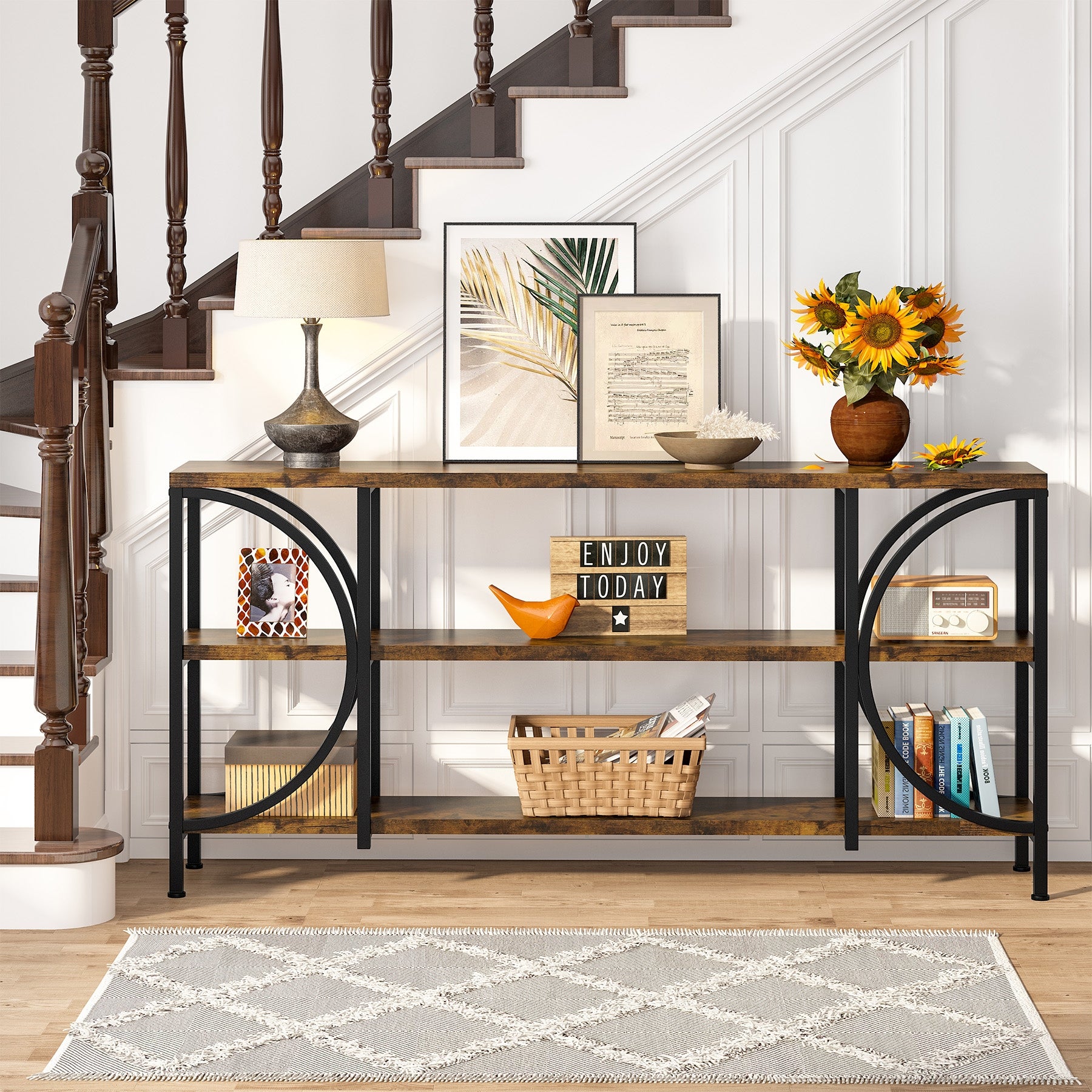 3 Tier Narrow Console Table with Storage Shelves， Industrial Entryway Table Behind Sofa Couch for Living Room