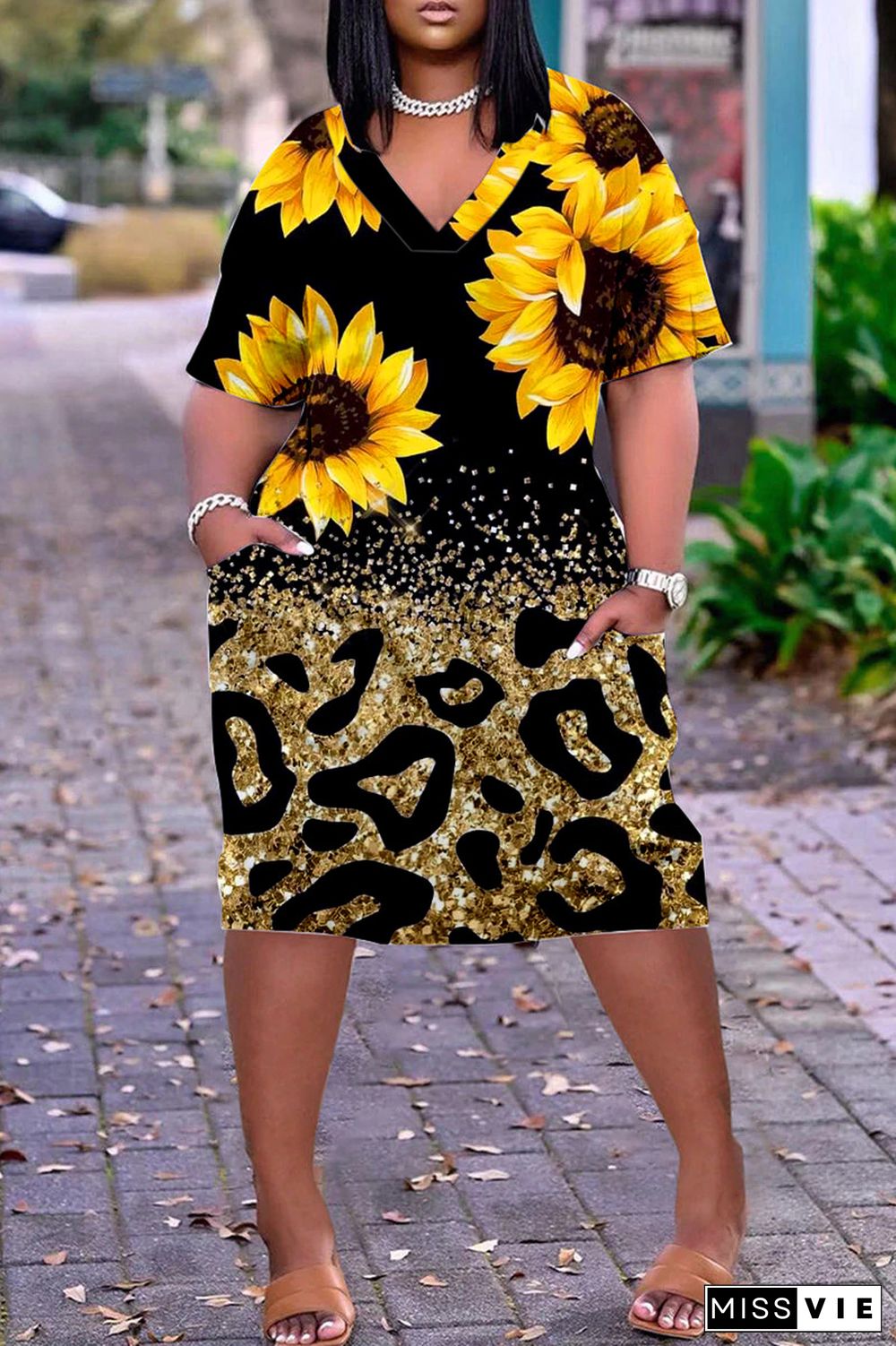 Black Yellow Casual Print Patchwork Basic V Neck Short Sleeve Dress