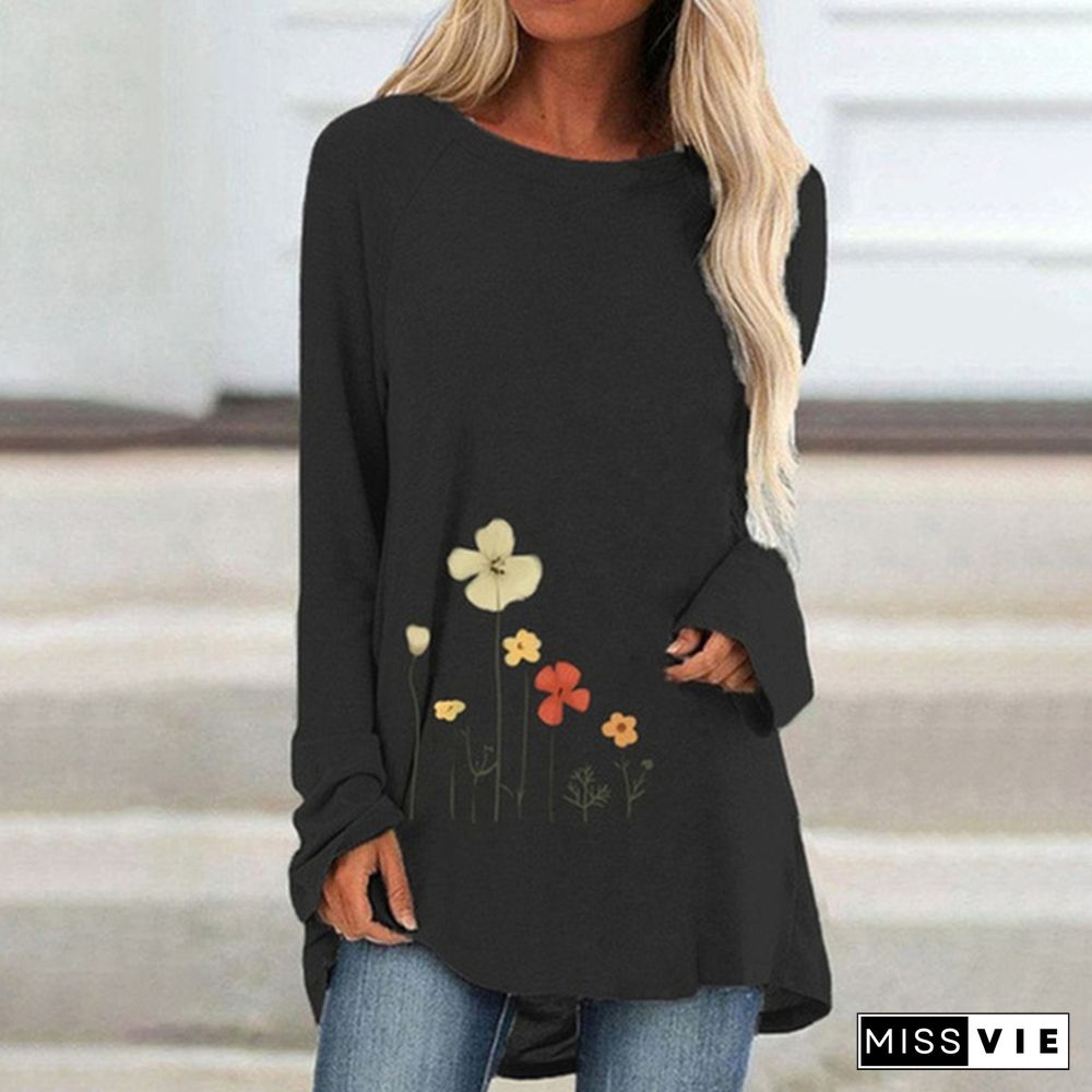 Spring and Autumn Plus Size Fashion Women Clothing Flowers Printed Casual T-shirt Ladies Long Sleeve Round Neck Pullover Tops