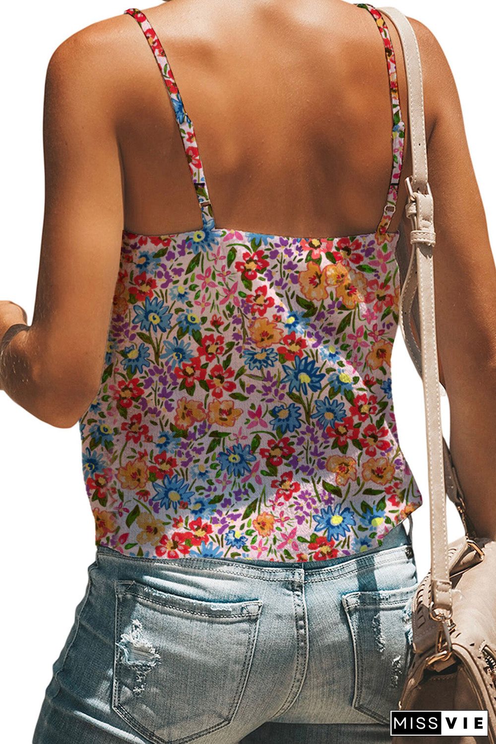 Spaghetti Straps Knot Front Floral Tank Top