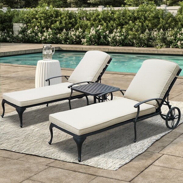 3-Piece Aluminum Reclining Outdoor Chaise Lounge with Table and Cushions