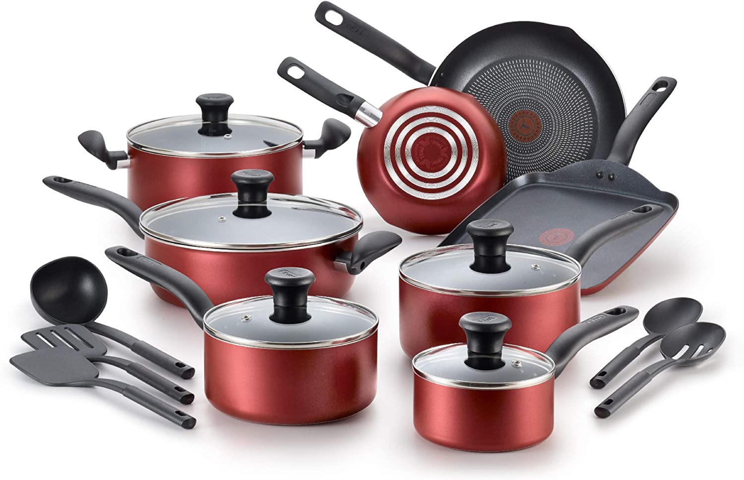 T-fal， Dishwasher Safe Cookware Set， 18 Piece， Red Initiatives Nonstick Inside