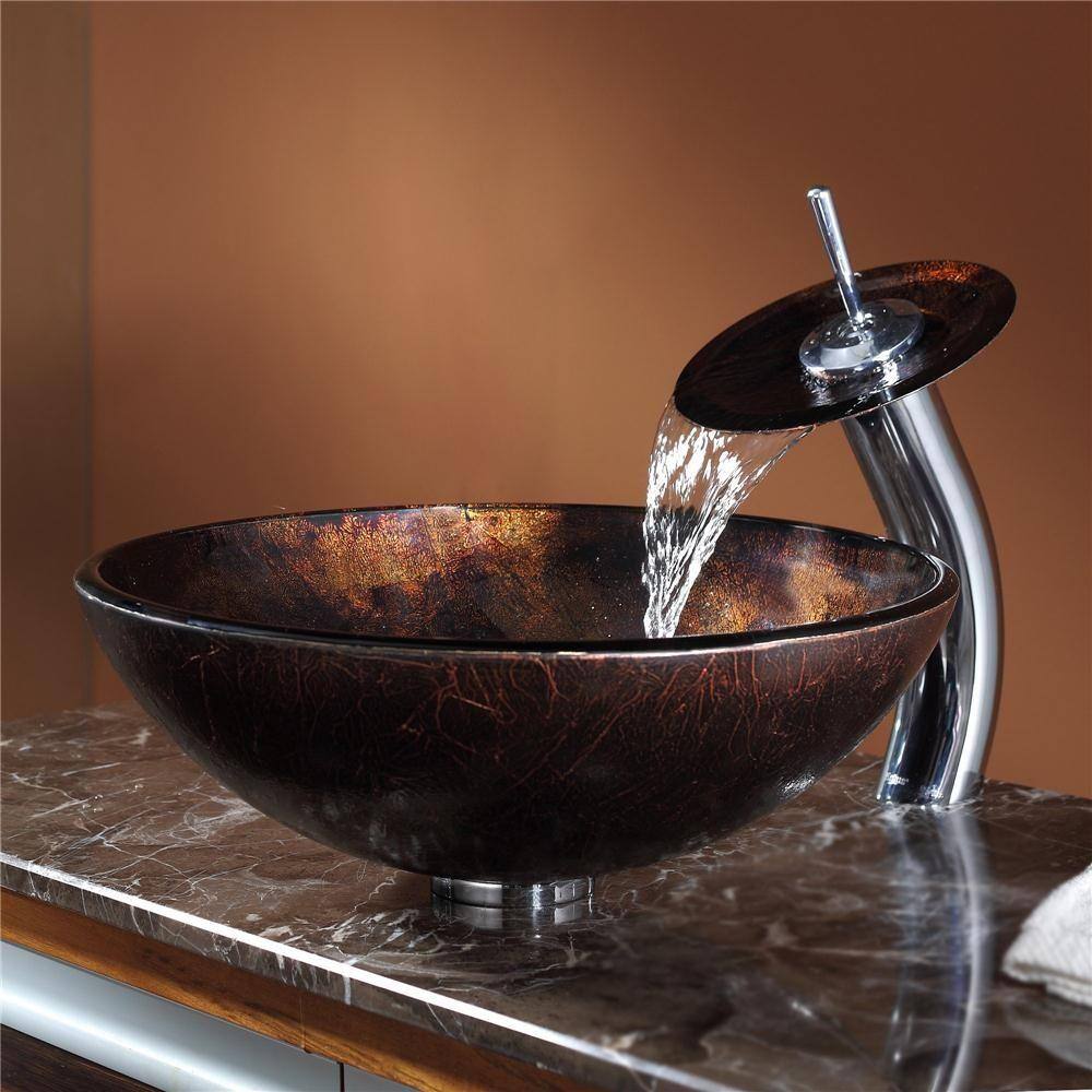 KRAUS Pluto Glass Vessel Sink in Brown with Waterfall Faucet in Chrome C-GV-684-12mm-10CH