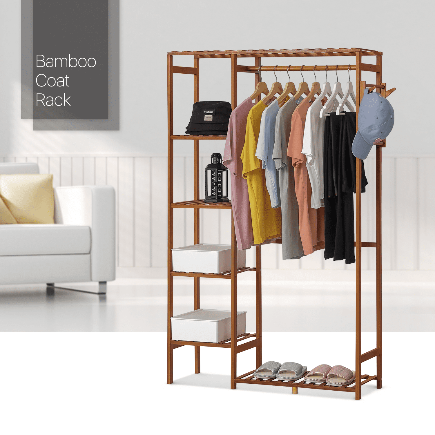 MoNiBloom Bamboo 6 Tiers Coat Pants Rack， Hanging Rod Closet Organizer Wardrobe， Brown， for Home